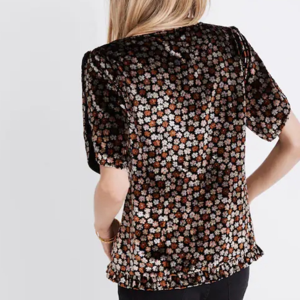 Madewell Burnout Velvet Charcoal Petite Blooms Tulip-Sleeve Ruffle Blouse Med - Picture 4 of 13